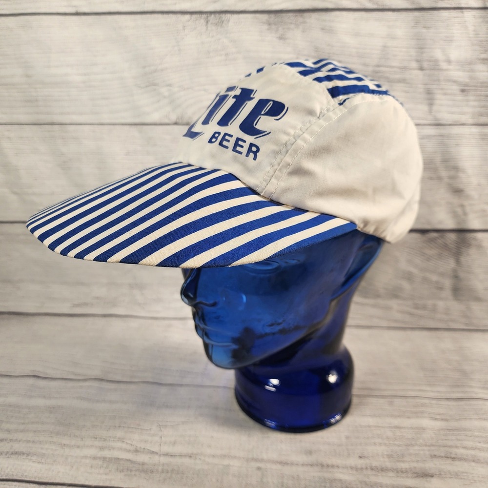 Vintage Miller Lite Beer Painter Hat Blue White Striped Made in USA Retro Cap - Picture 2 of 11